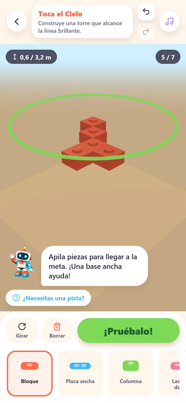 SnapLab: nivel Toca el Cielo, una torre de bloques sobre el tapete y Spark dice: Una base ancha ayuda.