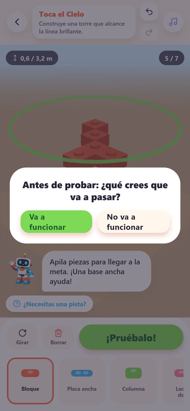 SnapLab pregunta antes de probar: ¿qué crees que va a pasar? Va a funcionar o No va a funcionar.